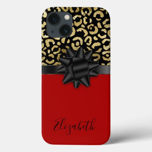 Monogram Red Black Gold Leopard Print Bow Trendy  iPhone 13 Case