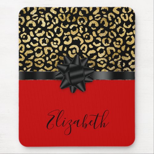 Monogram Red Black Gold Leopard Print Bow Trendy  Mouse Pad