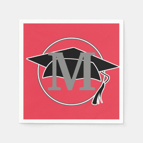 Monogram Red Black Graduation Cap Party Napkins