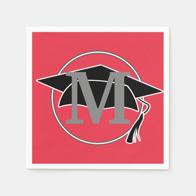 Monogram Red Black Graduation Cap Party Napkins (Front)