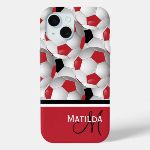 Monogram Red Black Soccer Ball Pattern iPhone 15 Case