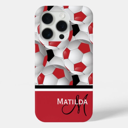 Monogram Red Black Soccer Ball Pattern iPhone 15 Pro Case