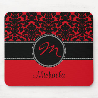Monogram Red Black White Damask Mousepad