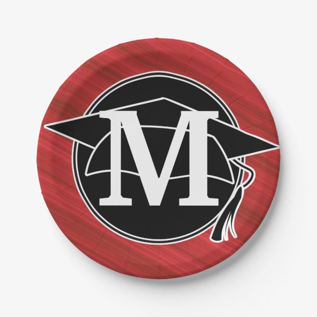 Monogram Red Black White Graduation Cap Paper Plates (Front)