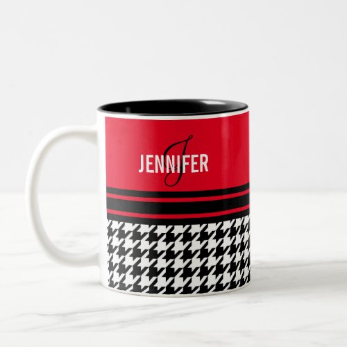 Monogram red black white houndstooth custom name Two_Tone coffee mug