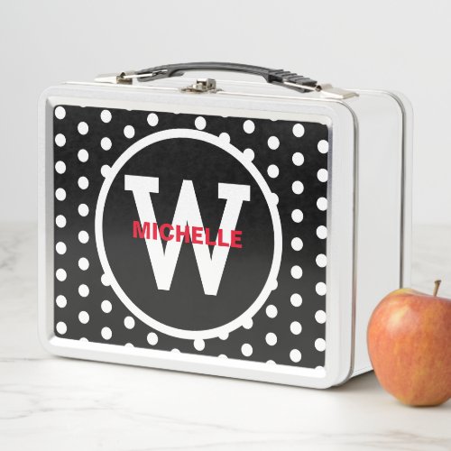 Monogram Red Black White Polka Dots  Metal Lunch Box