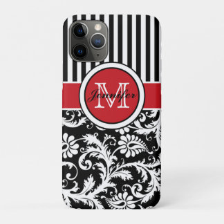 Monogram Red Black White Striped Damask iPhone 11 Pro Case