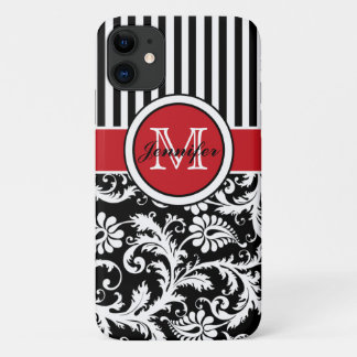 Monogram Red Black White Striped Damask iPhone 11 Case