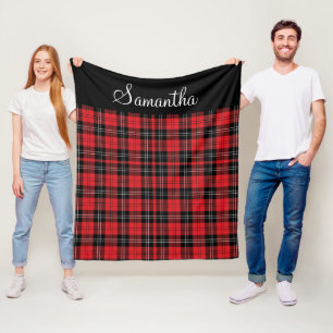 Monogram Red Black White Tartan Buffalo Plaid Fleece Blanket