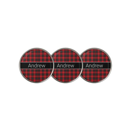 Monogram Red Black White Tartan Buffalo Plaid Golf Ball Marker
