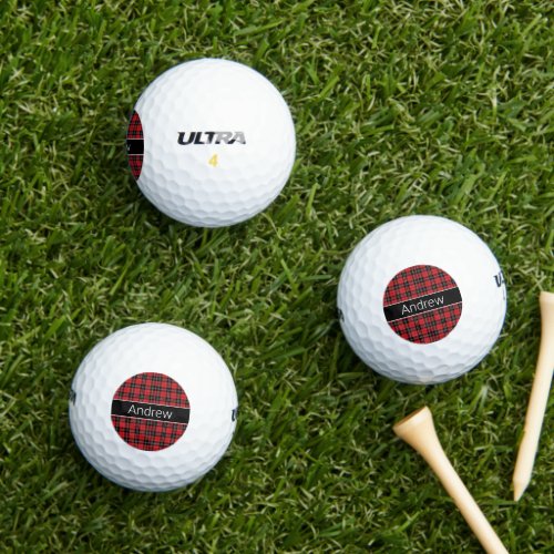 Monogram Red Black White Tartan Buffalo Plaid Golf Balls