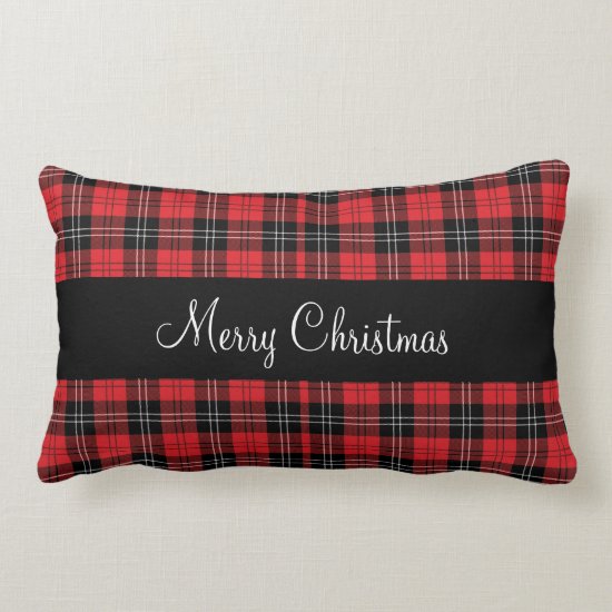 Monogram Red Black White Tartan Buffalo Plaid Lumbar Pillow