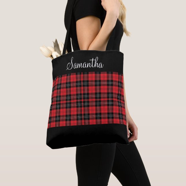 Monogram Red Black White Tartan Buffalo Plaid  Tote Bag (Close Up)