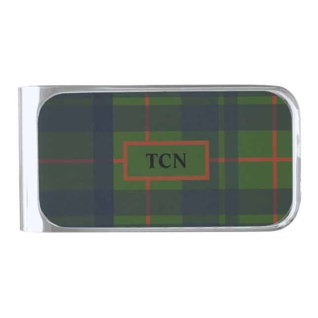 Monogram Red Blue Green Tartan Plaid Scott Plaid  Silver Finish Money Clip (Front)
