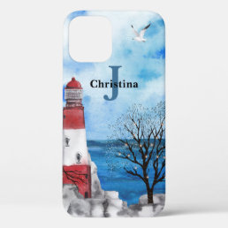 Monogram Red &amp; Blue Lighthouse Watercolor Art iPhone 12 Case