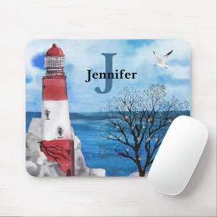 Monogram Red & Blue Lighthouse Watercolor Art Mouse Pad