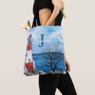 Monogram Red & Blue Lighthouse Watercolor Art Tote Bag