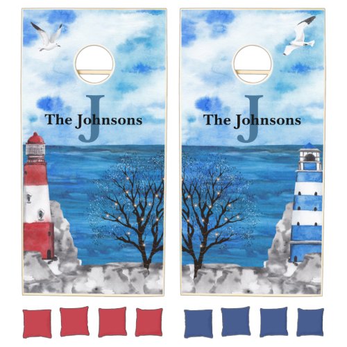 Monogram Red  Blue Lighthouse Watercolor Cornhole Set