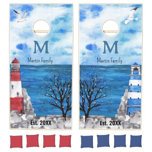 Monogram Red  Blue Lighthouse Watercolor Cornhole Set