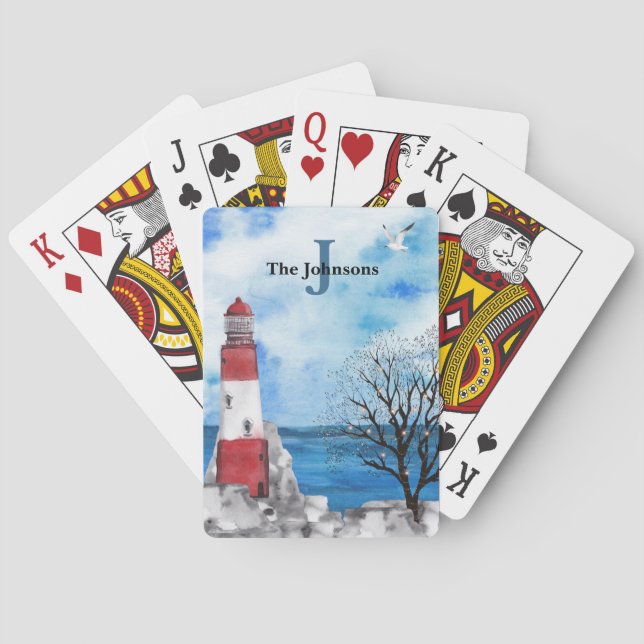 Monogram Red & Blue Lighthouse Watercolor Scene Pl Poker Cards (Back)
