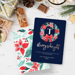 Monogram Red Bow Wreath Blue Christmas Foil Holiday Card