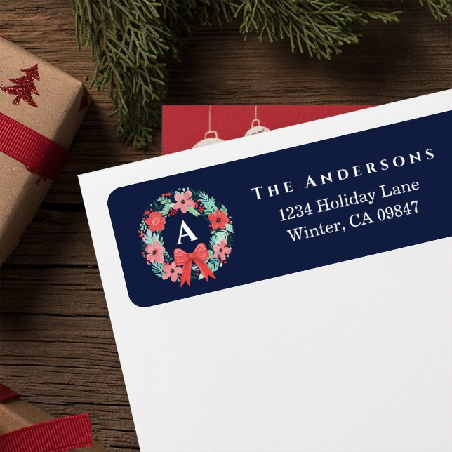 Monogram Red Bow Wreath Blue Holiday Address Label (Creator Uploaded)