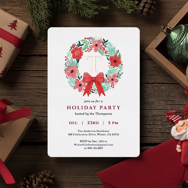 Monogram Red Bow Wreath Christmas Party Gold Foil Holiday Card (Creator Uploaded)
