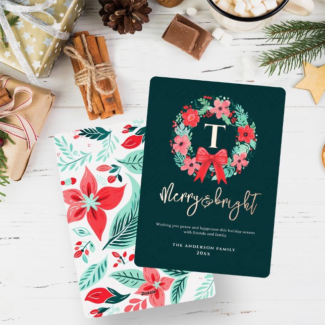 Monogram Red Bow Wreath Green Christmas  Foil Holiday Card (Creator Uploaded)