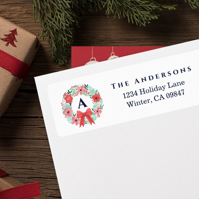 Monogram Red Bow Wreath Holiday Address Label (Creator Uploaded)