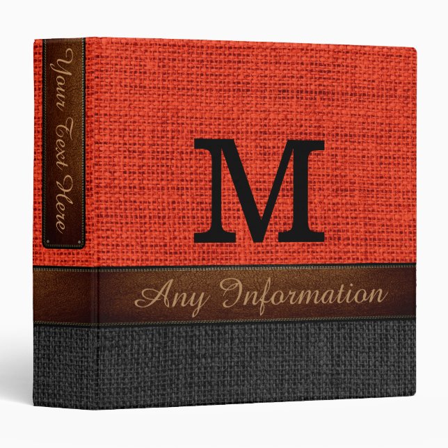Monogram Red Brown & Black Burlap Rustic Jute Binder (Front/Spine)