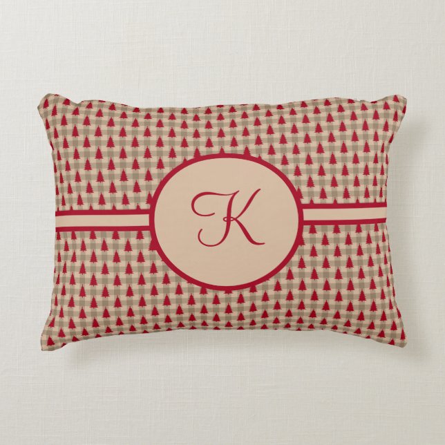 Monogram Red Brown Buffalo Plaid Rustic Country  Accent Pillow (Front)