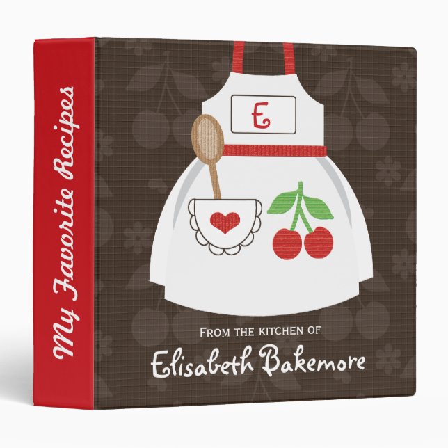 Monogram Red Brown Cherry Apron Recipe Organizer Binder (Front/Spine)