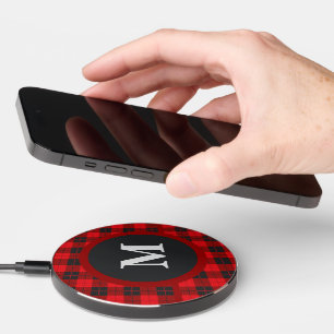 Monogram Red Buffalo Plaid Flannel  Wireless Charger