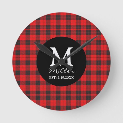 Monogram Red Buffalo Plaid Round Wall Clock