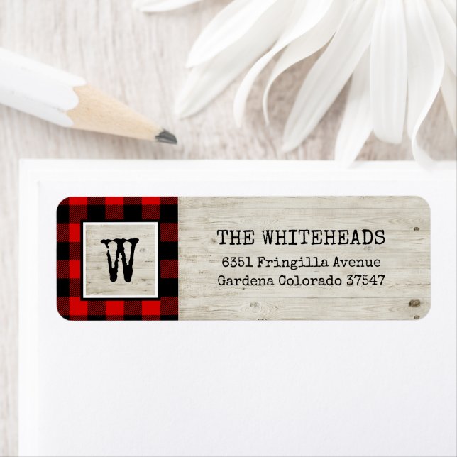Monogram Red Buffalo Plaid Rustic Wood Holiday Label (Insitu)