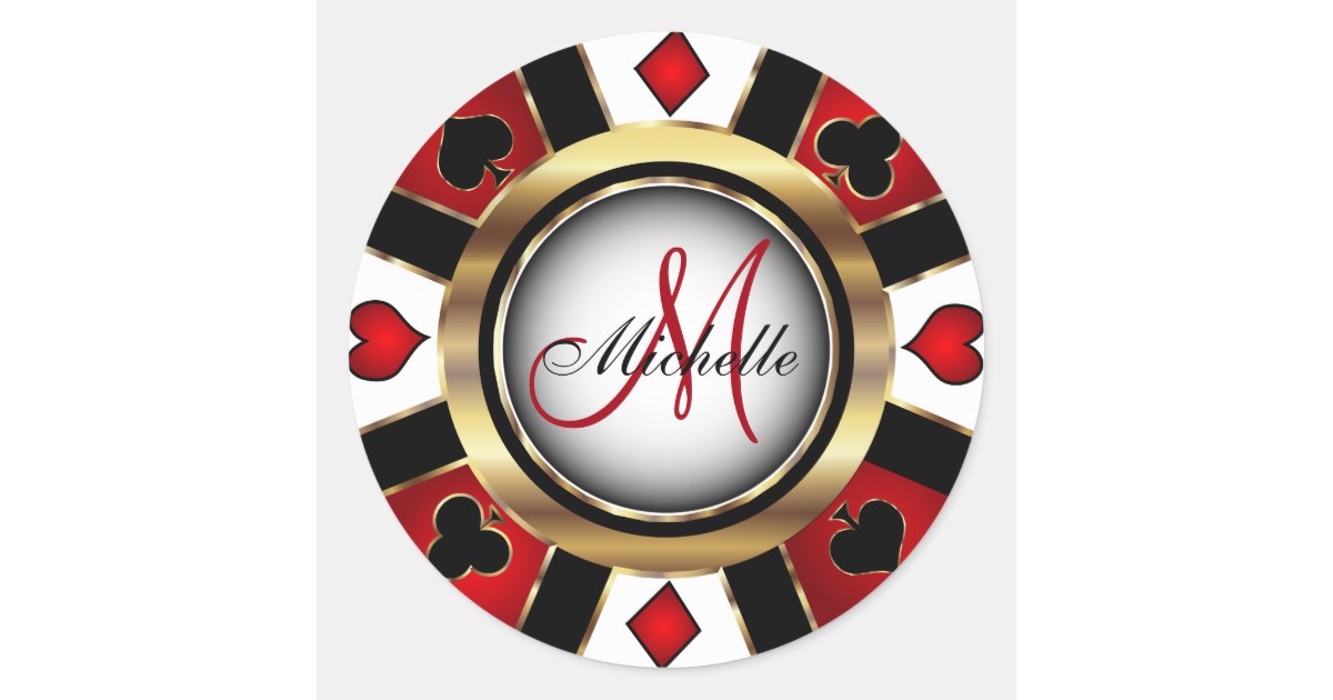 Monogram Red Casino Poker Chip Design Classic Round Sticker | Zazzle.com