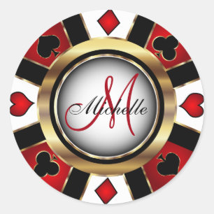 Monogram Red Casino Poker Chip Design Classic Round Sticker