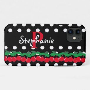 Monogram Red Cherries White Polka Dots Retro iPhone 11 Case