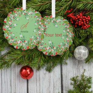 Monogram Red Christmas botanical Classic Round Ornament Card