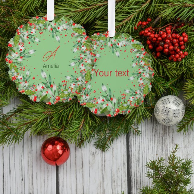 Monogram  Red Christmas botanical Classic Round Ornament Card (Creator Uploaded)