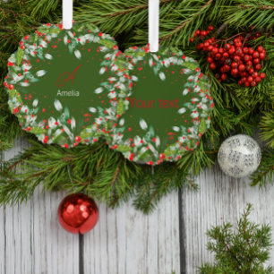 Monogram Red Christmas green Classic Round Ornament Card