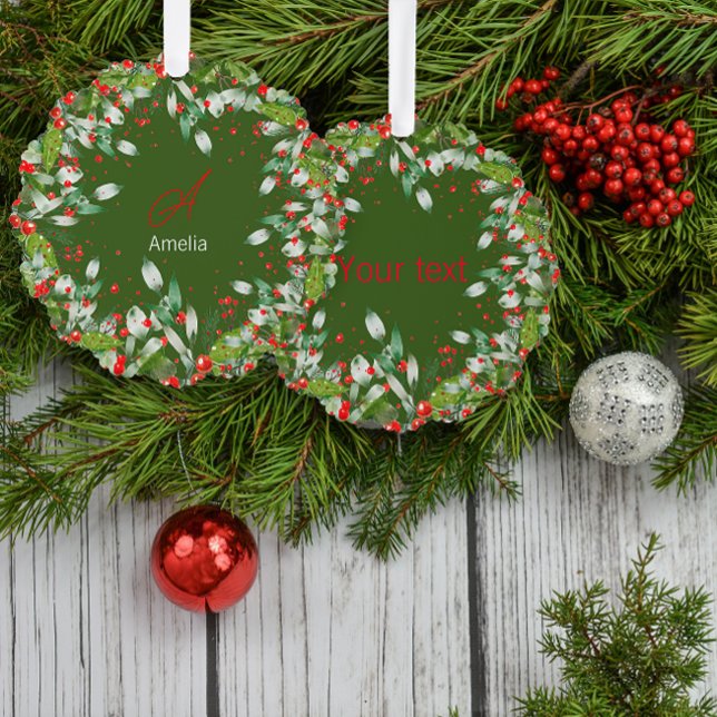 Monogram  Red Christmas green Classic Round Ornament Card (Creator Uploaded)