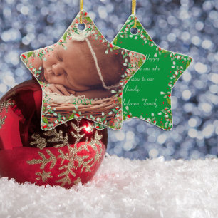 Monogram  Red Christmas Green  photo Classic  Ceramic Ornament