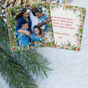 Monogram  Red Christmas Green  photo Classic Round Ceramic Ornament