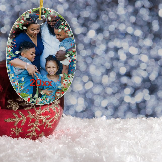 Monogram  Red Christmas Green  photo Classic Round Ceramic Ornament (Creator Uploaded)