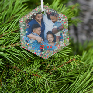 Monogram  Red Christmas Green  photo Classic Round Glass Ornament