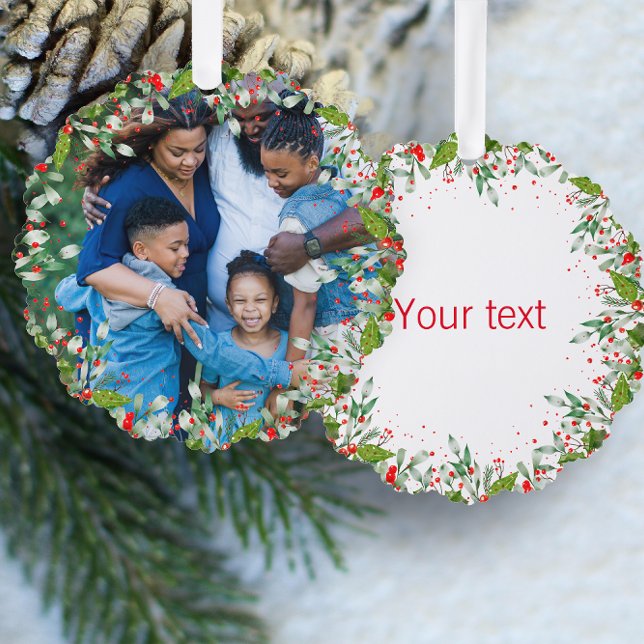 Monogram  Red Christmas Green  photo Classic Round Ornament Card (Creator Uploaded)