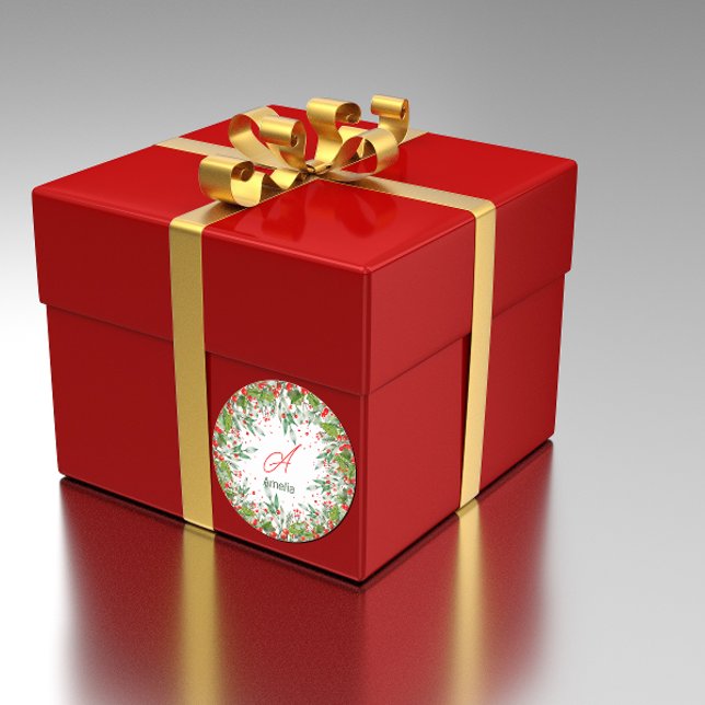 Monogram  Red Christmas Greenery  Classic Round St Sticker (Creator Uploaded)