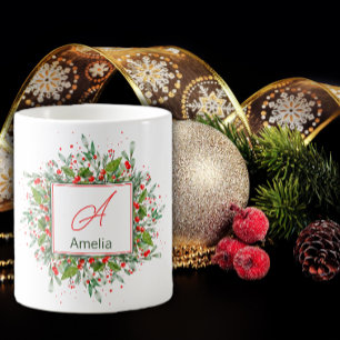 Monogram Red Christmas Greenery Coffee Mug
