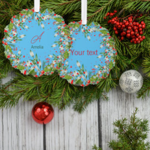 Monogram Red Christmas sky blue Classic Round Ornament Card